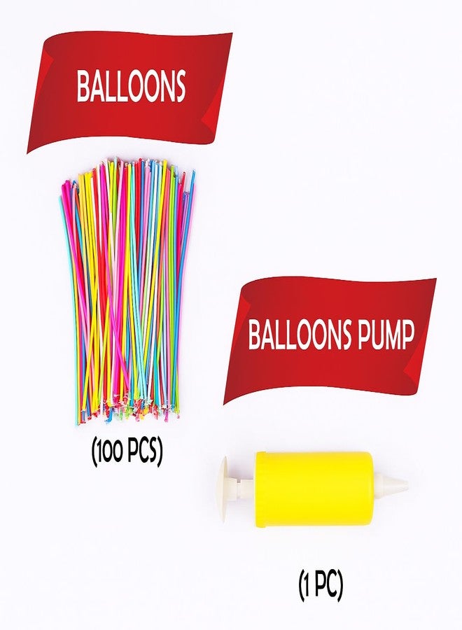 Krido Long Balloon Kit, 101 Pieces with Pump, Latex Twisting Balloons for Animal Shapes, Party Decorations, Multicolour Rainbow Balloon for Decoration | Balloon Blower (Latex) - Image 2